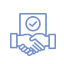 Un icono de línea azul de un apretón de manos delante de un documento que presenta una marca de verificación dentro de un círculo.