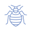 Un ícono simple, de color azul claro, de una chinche de cama con un cuerpo redondeado y segmentado y seis patas.