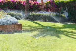 Rasenfläche wird bewässert, im Hintergrund sind Hecken