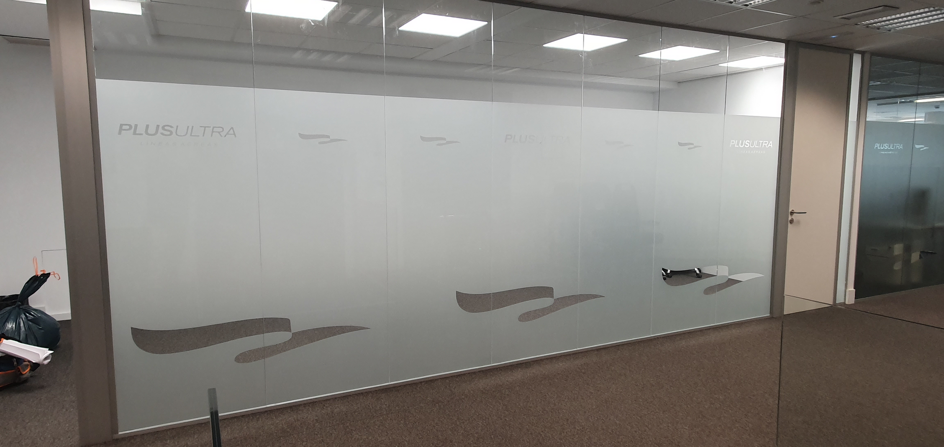 Una habitación con una pared de cristal y suelo alfombrado.