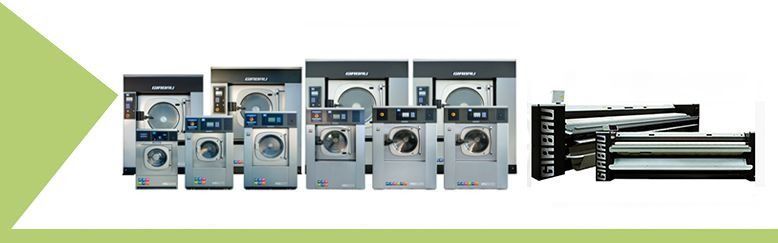 Una col·lecció de rentadores comercials i una planxadora disposades sobre un fons blanc i verd.