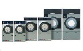 Una gamma de sis assecadores de roba comercials industrials grises de diferents mides, ordenades de la més petita a la més gran.