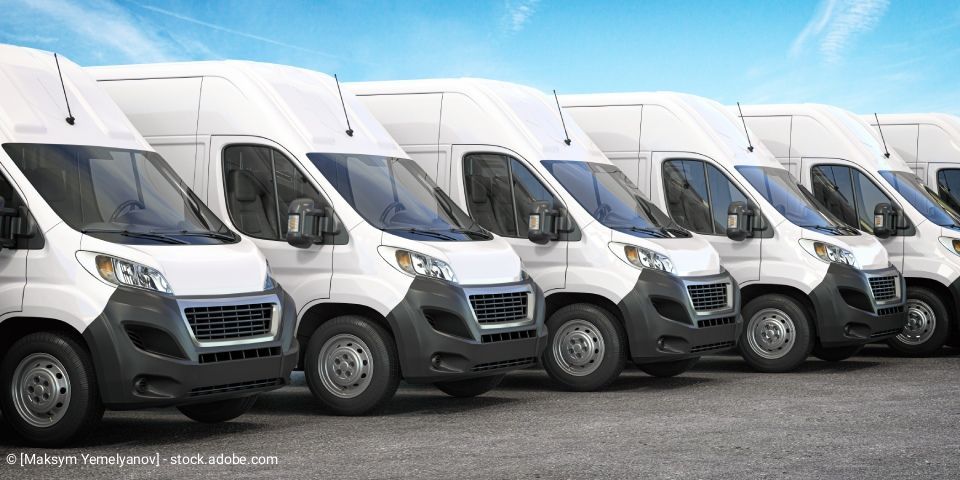 Ein Lieferant übergibt einer Person in der Nähe eines Tors Pakete. Blaues Hemd, kariertes Hemd, Pakete, Lieferwagen.