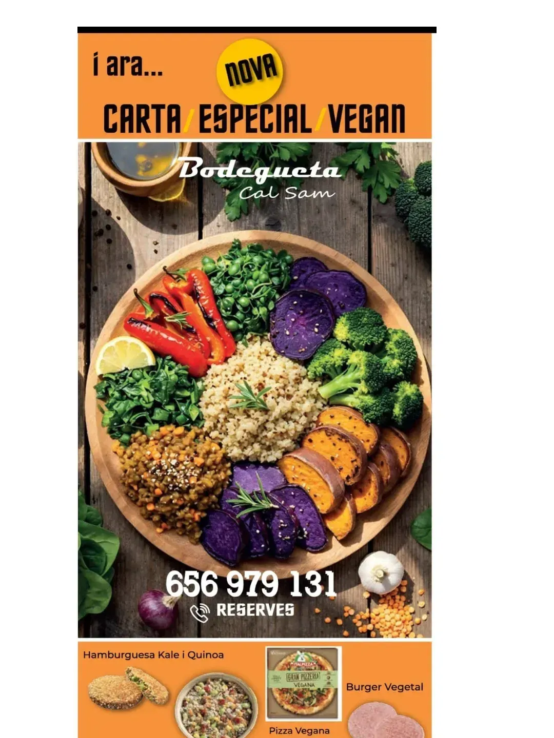 Volante: Menú especial vegano, plato colorido de verduras, número de teléfono y pequeños ejemplos de imágenes de comida.