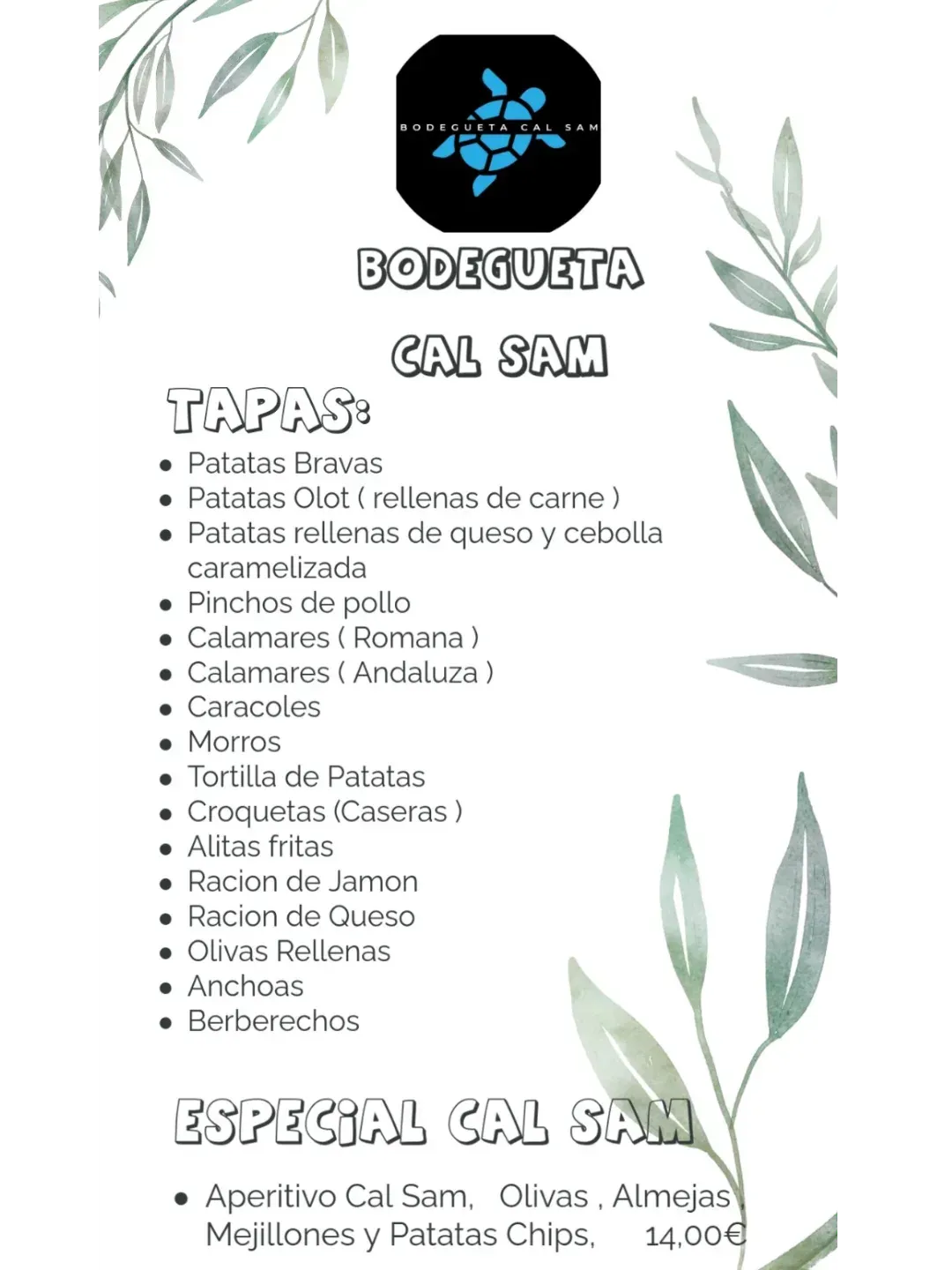 Menú de Bodegueta Cal Sam, con lista de tapas y un aperitivo especial.