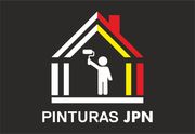 Logotipo de "Pinturas JPN" que presenta el contorno de una casa; una persona pintando con un rodillo adentro, fondo negro.