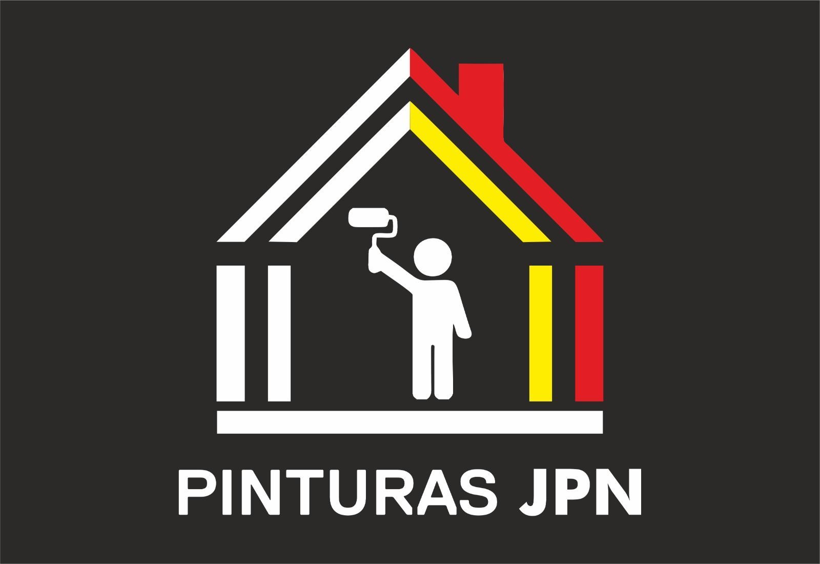 Logotipo de "Pinturas JPN" que presenta el contorno de una casa; una persona pintando con un rodillo adentro, fondo negro.