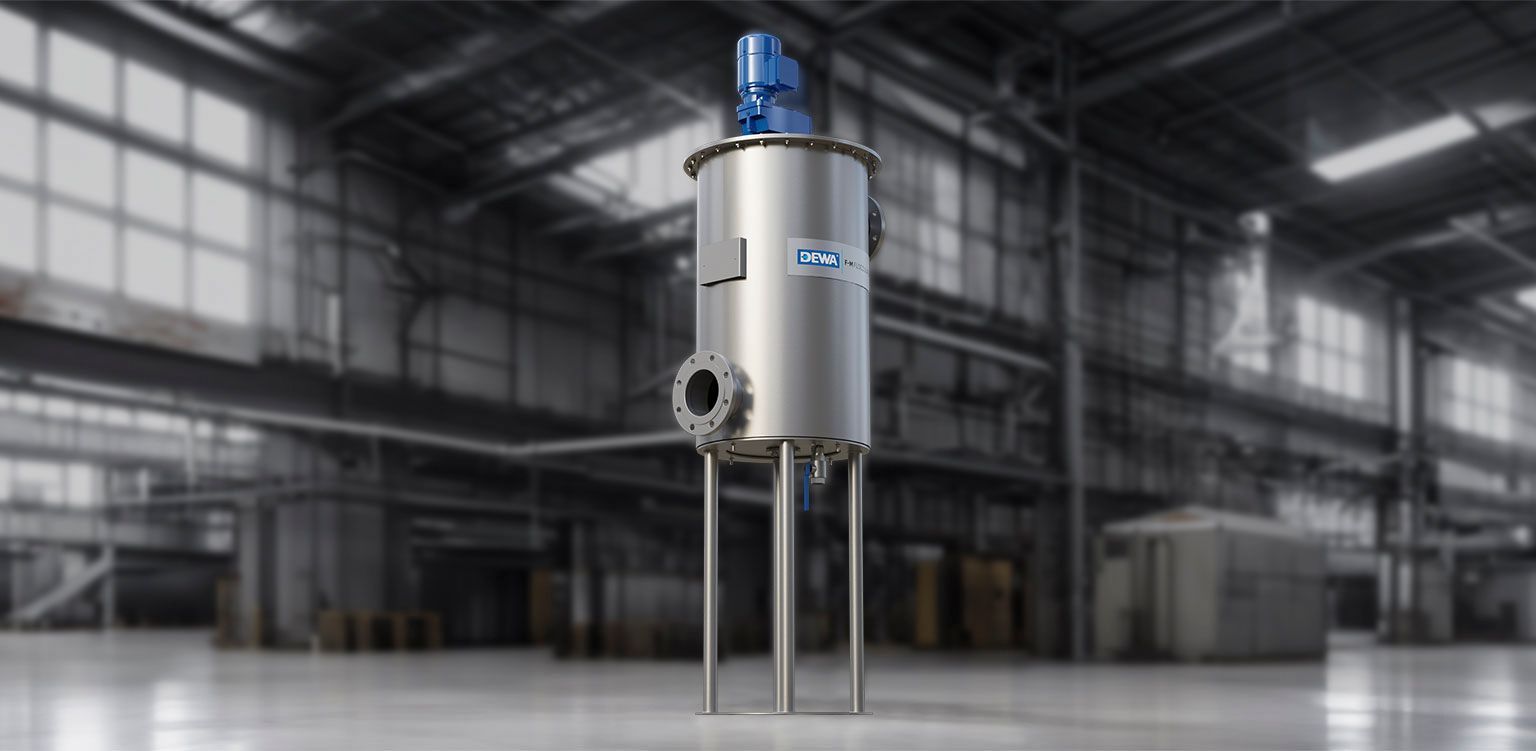 In einer Lagerhalle steht ein großer Edelstahltank.