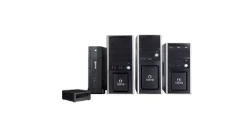 eine Gruppe von vier schwarzen Computern , die nebeneinander stehen .