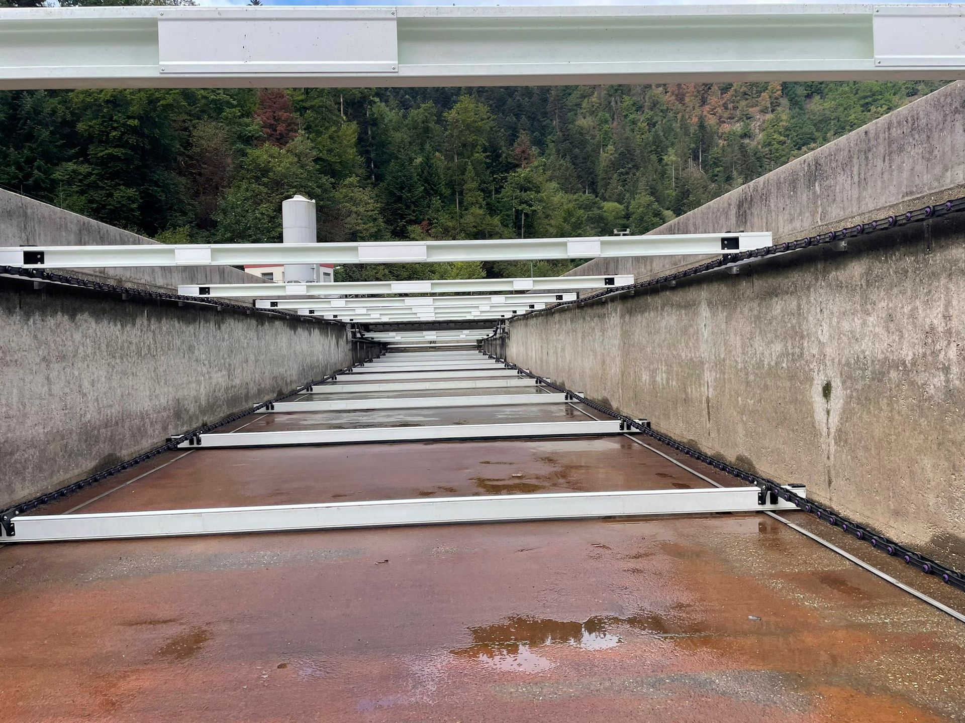 Eine Brücke mit vielen weißen Balken und Bäumen im Hintergrund.