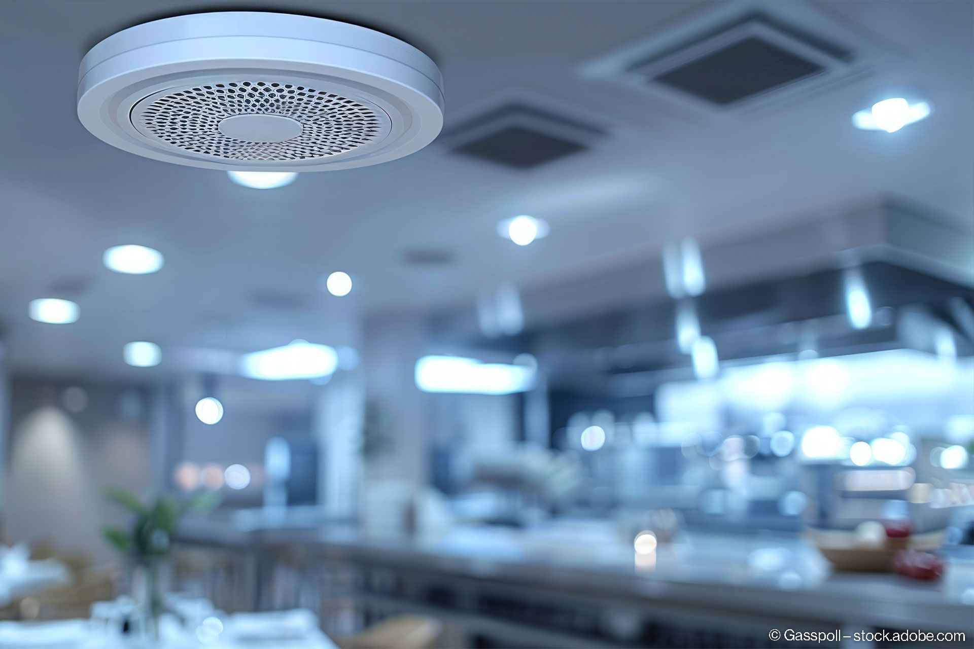 Moderner Rauchmelder in einer gut beleuchteten Restaurantküche installiert