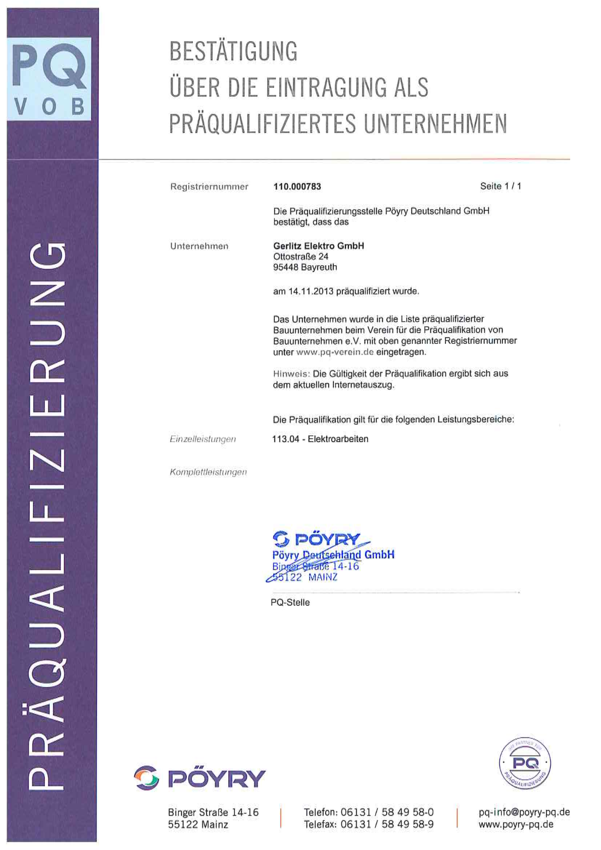 Zertifikat Präqualifikationsurkunde