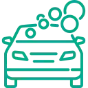 Dibujo de línea verde de un automóvil con burbujas encima, que indica un lavado de automóviles.