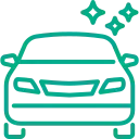 Un automóvil verde azulado con tres destellos encima, lo que indica que está limpio o tiene servicio de lavado.