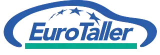 Logotipo de EuroTaller, un servicio de reparación de vehículos, que presenta un contorno de automóvil azul con estrellas y texto sobre una barra verde.