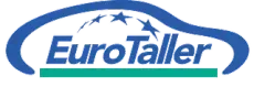 Logotipo de EuroTaller, un servicio de reparación de vehículos, que presenta un contorno de automóvil azul con estrellas y texto sobre una barra verde.