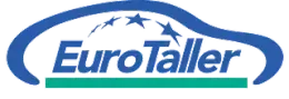 Logotipo de EuroTaller, un servicio de reparación de vehículos, que presenta un contorno de automóvil azul con estrellas y texto sobre una barra verde.