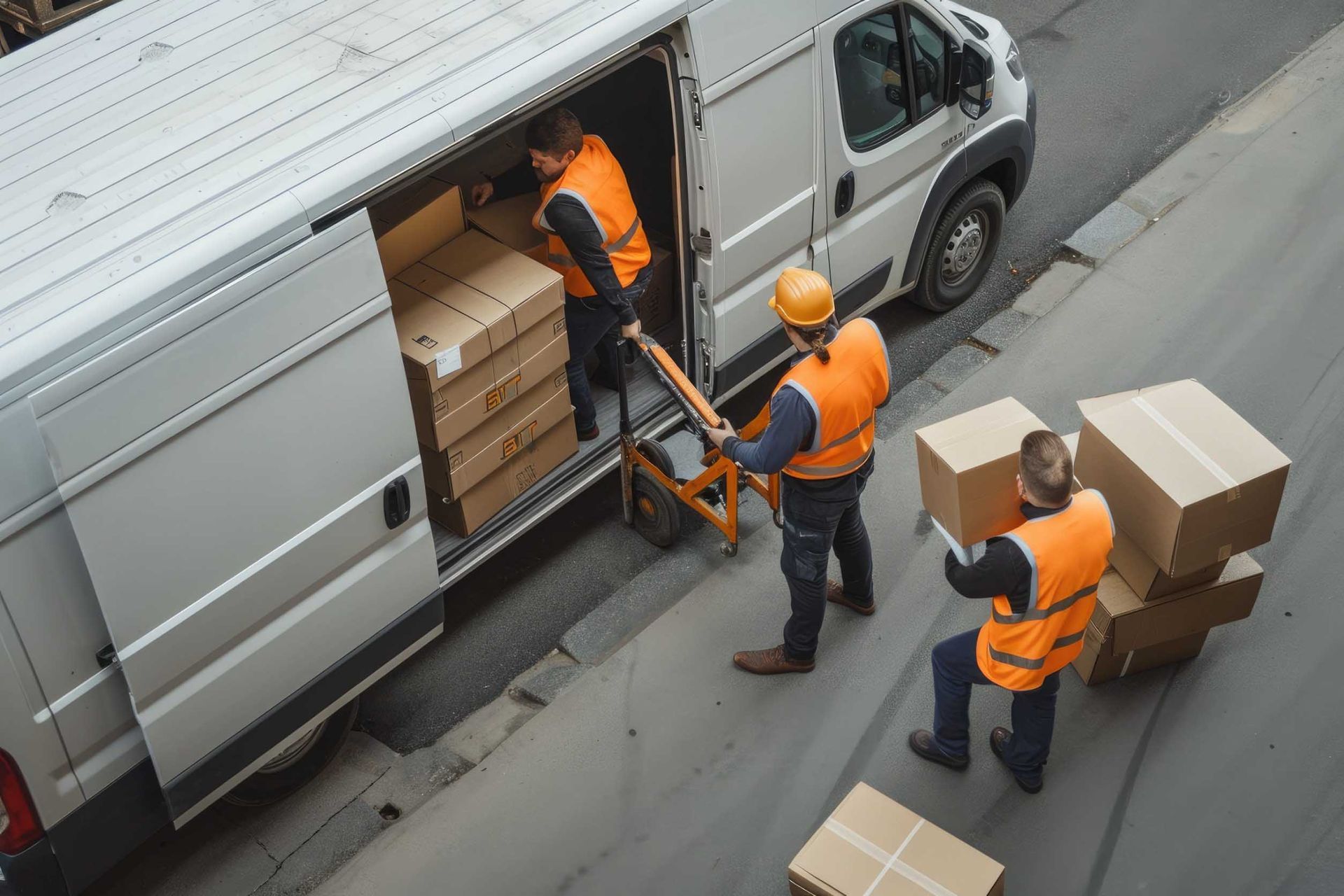 Un grupo de repartidores está cargando cajas en una camioneta.