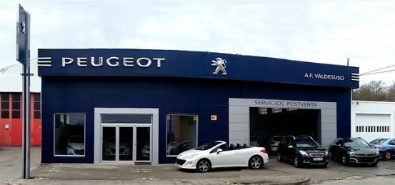 Concesionario de coches Peugeot con fachada azul y dos coches aparcados en el exterior.