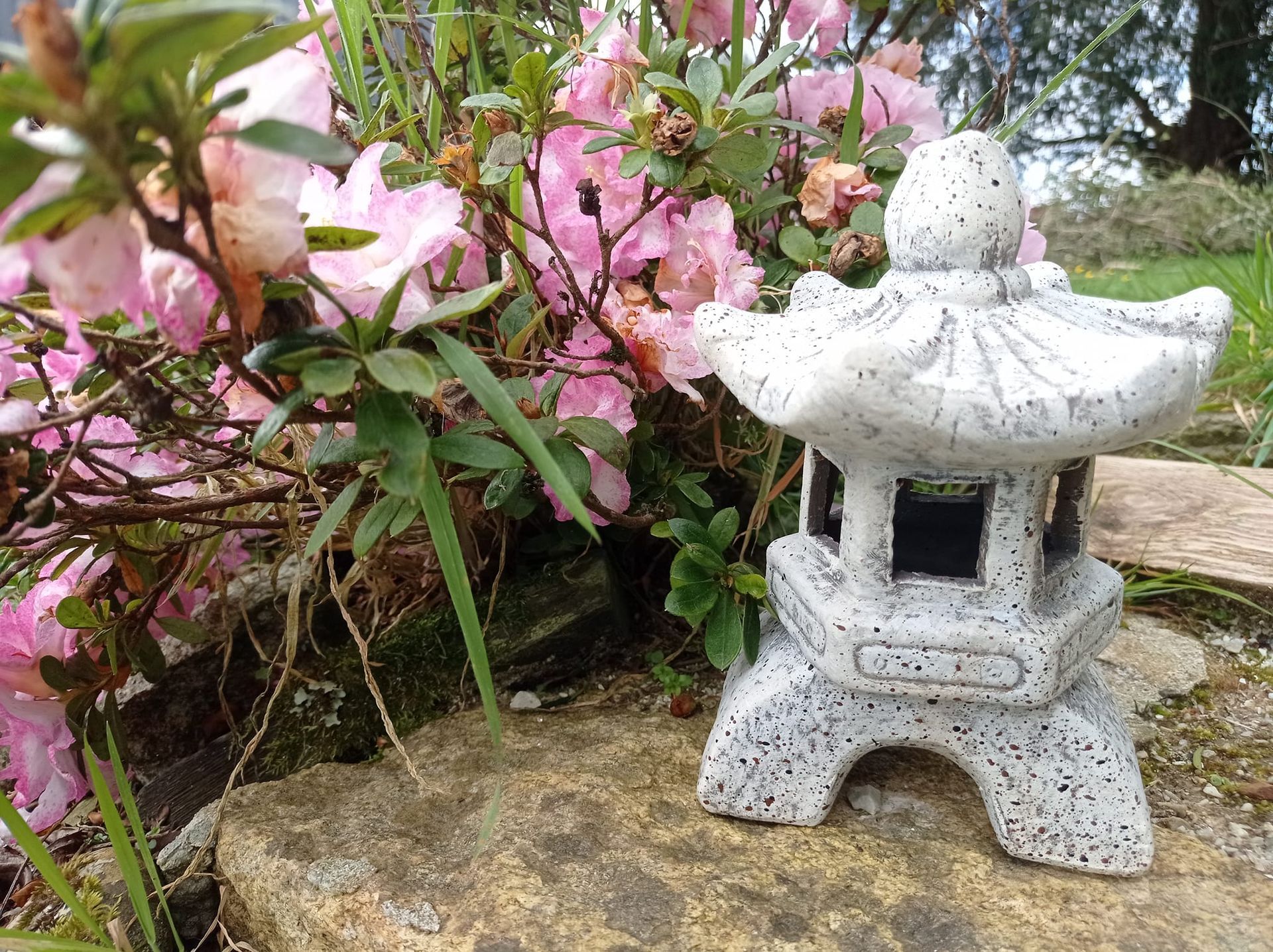 Un petit temple en pierre devant des fleurs