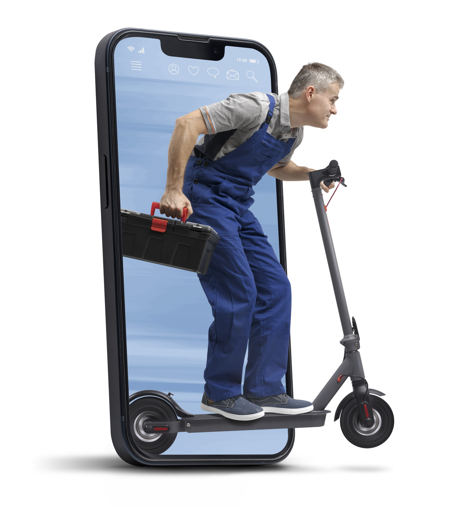 Un réparateur sur scooter sort de l'écran de son téléphone avec une boîte à outils.