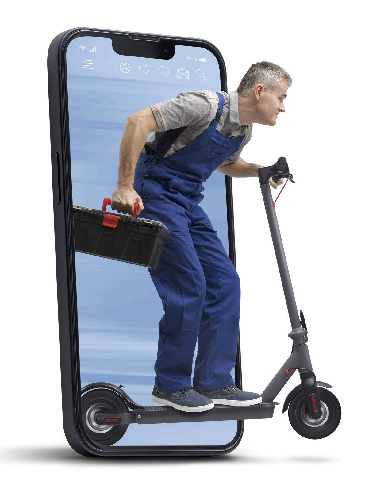 Un homme en salopette bleue sur un scooter sort d'un smartphone tenant une boîte à outils.
