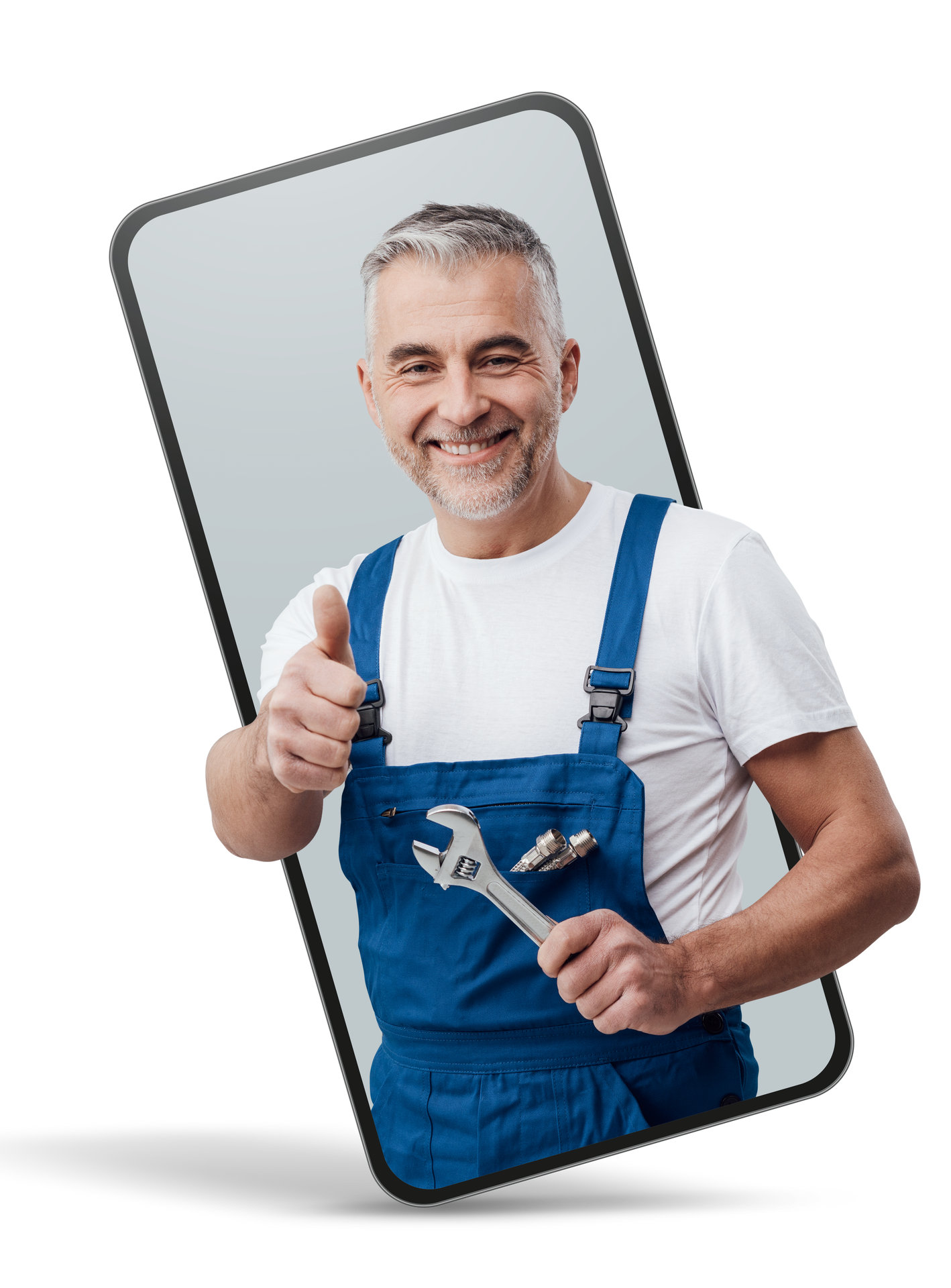 Un mécanicien, clé à molette à la main et pouce levé, émerge d'un écran de téléphone en souriant.