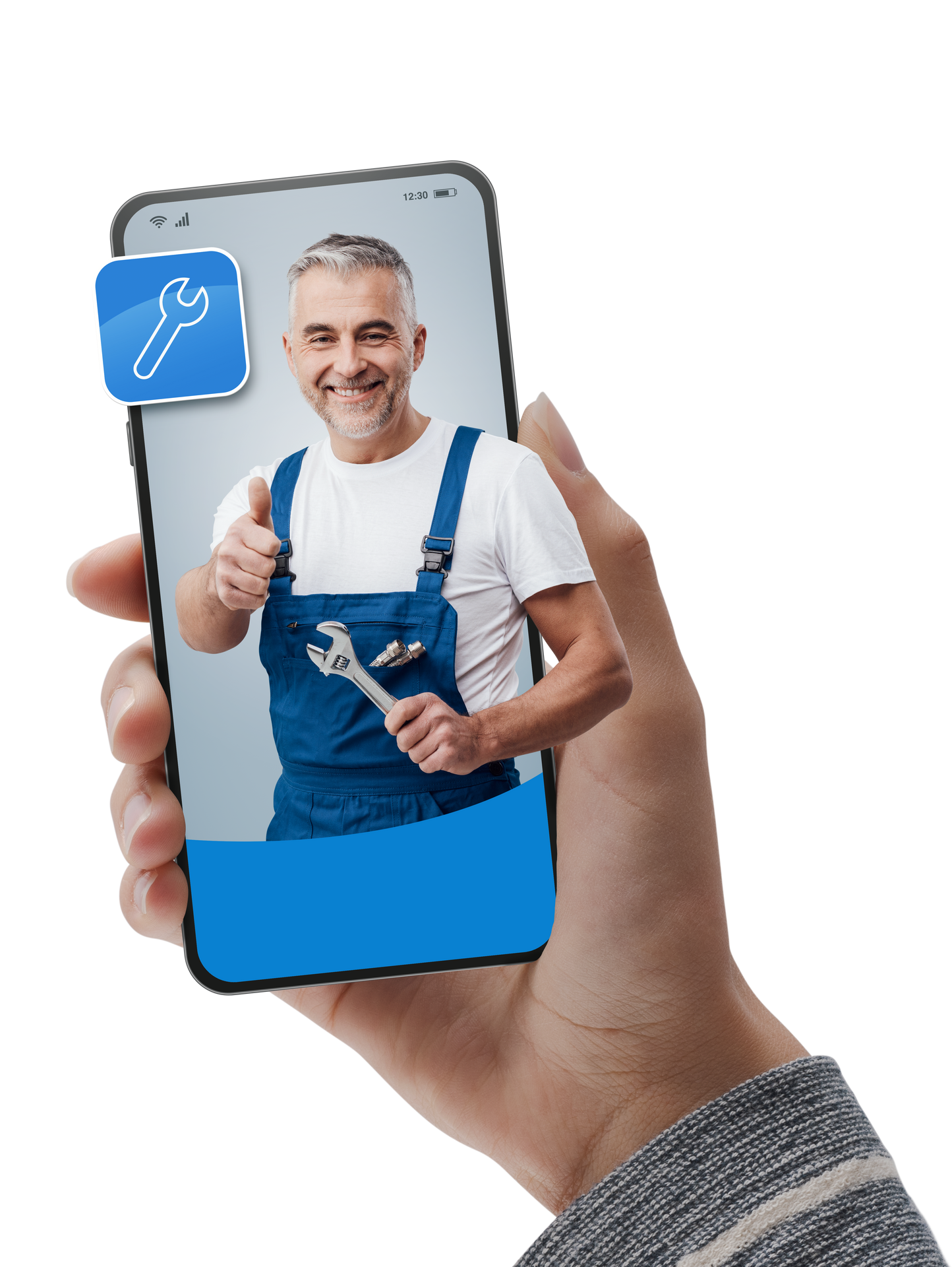 Une main tenant un téléphone affiche l'image d'un réparateur souriant, en salopette bleue, faisant un signe de pouce levé. Une clé à molette bleue.