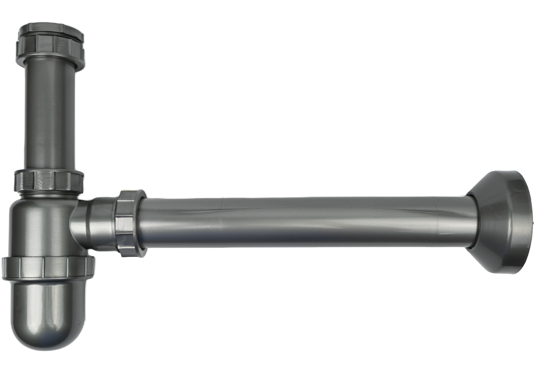 Siphon de plomberie argenté fixé au mur.