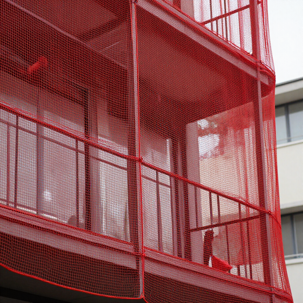 Balcón y escaleras de malla metálica roja en la fachada de un edificio moderno.