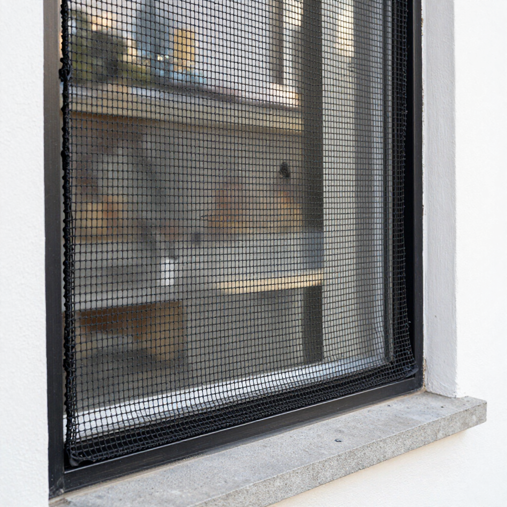 Malla negra sobre una ventana de cristal con un alféizar de piedra clara.