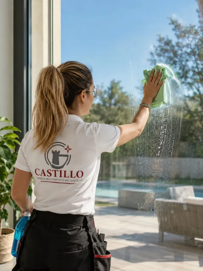 Limpiador limpiando una ventana de cristal con un paño verde junto a una piscina, vistiendo una camisa blanca de CASTILLO.