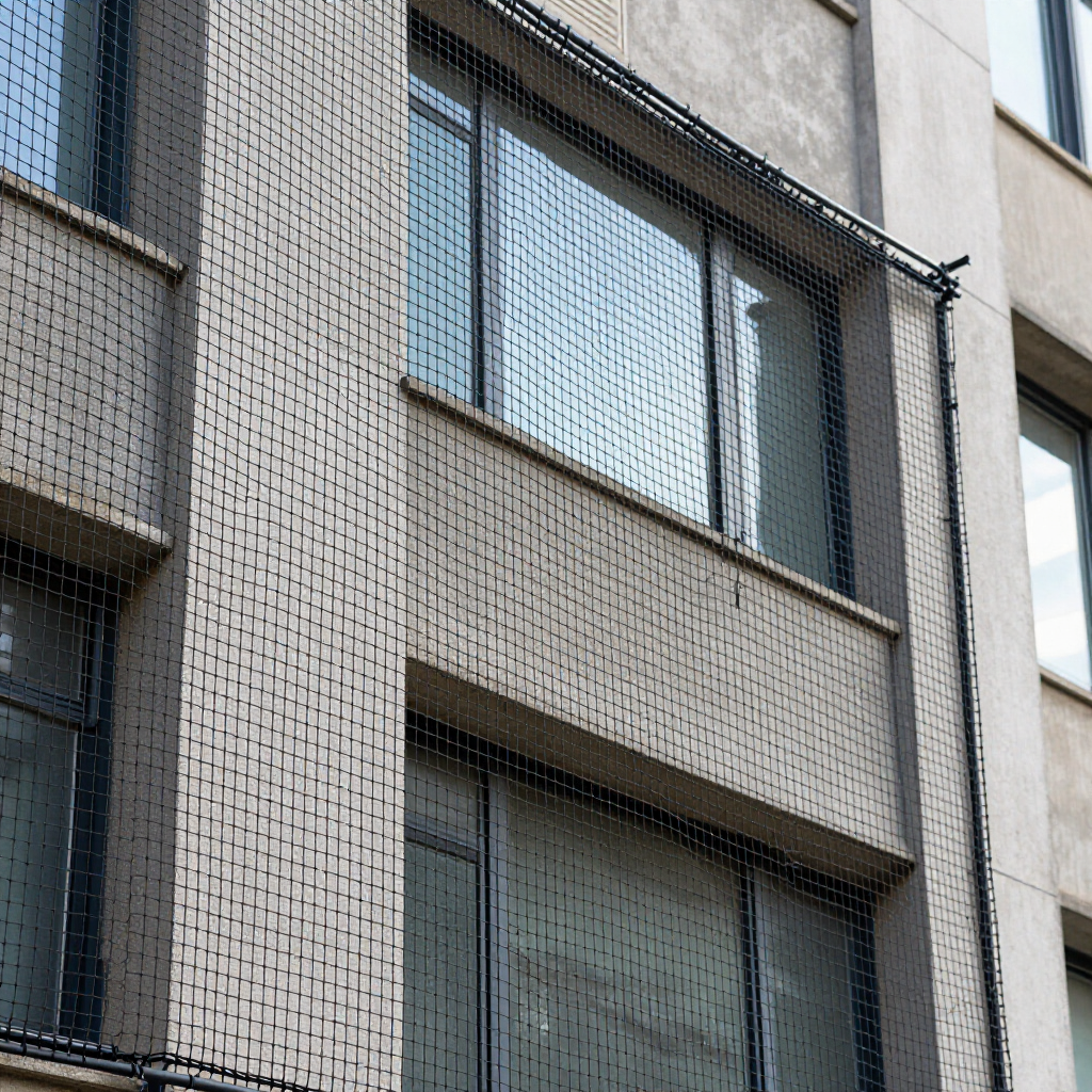 Fachada de un edificio de apartamentos con grandes ventanales y una malla protectora en el exterior.
