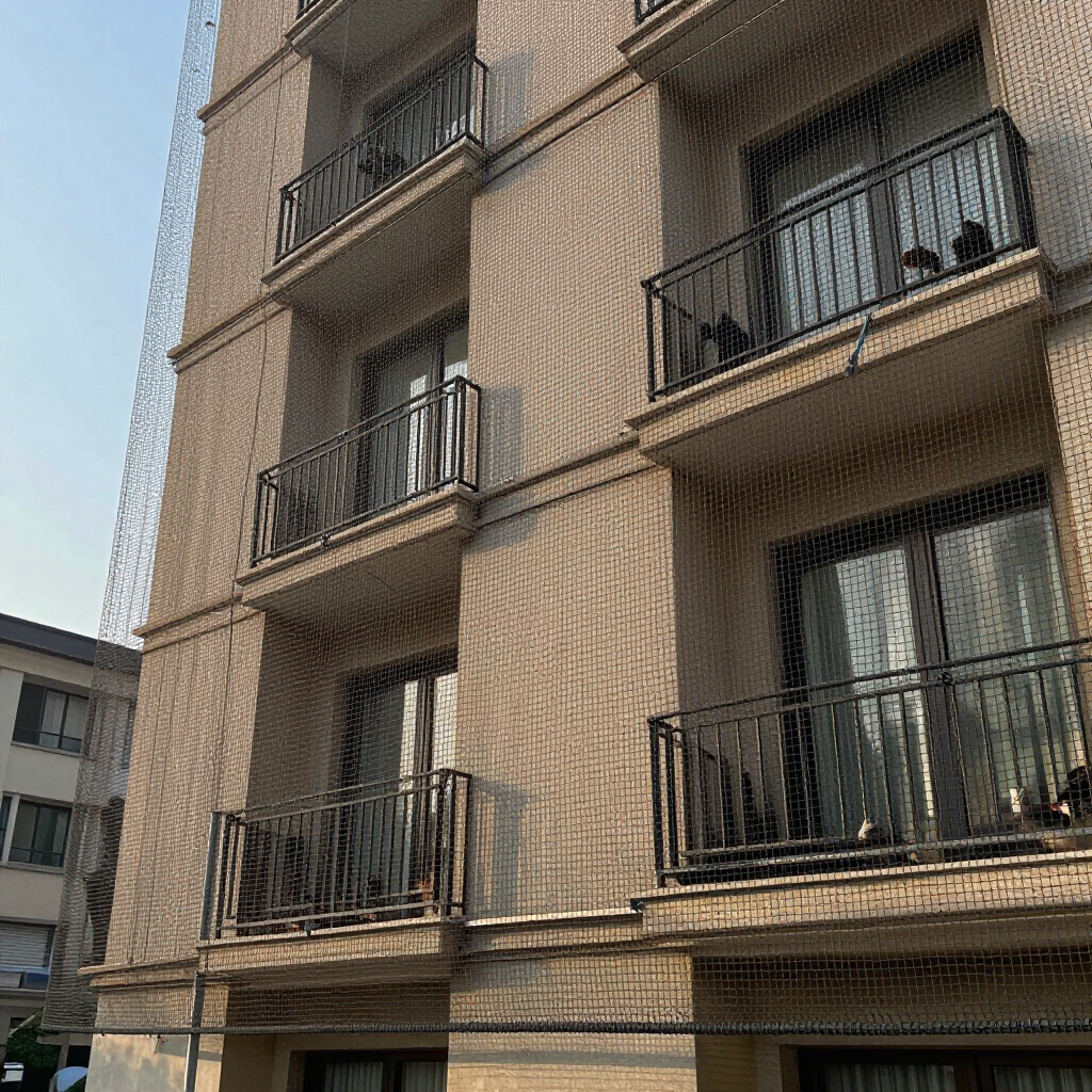 Exterior de un edificio de apartamentos con paredes de estuco beige y balcones de metal negro detrás de una malla metálica.