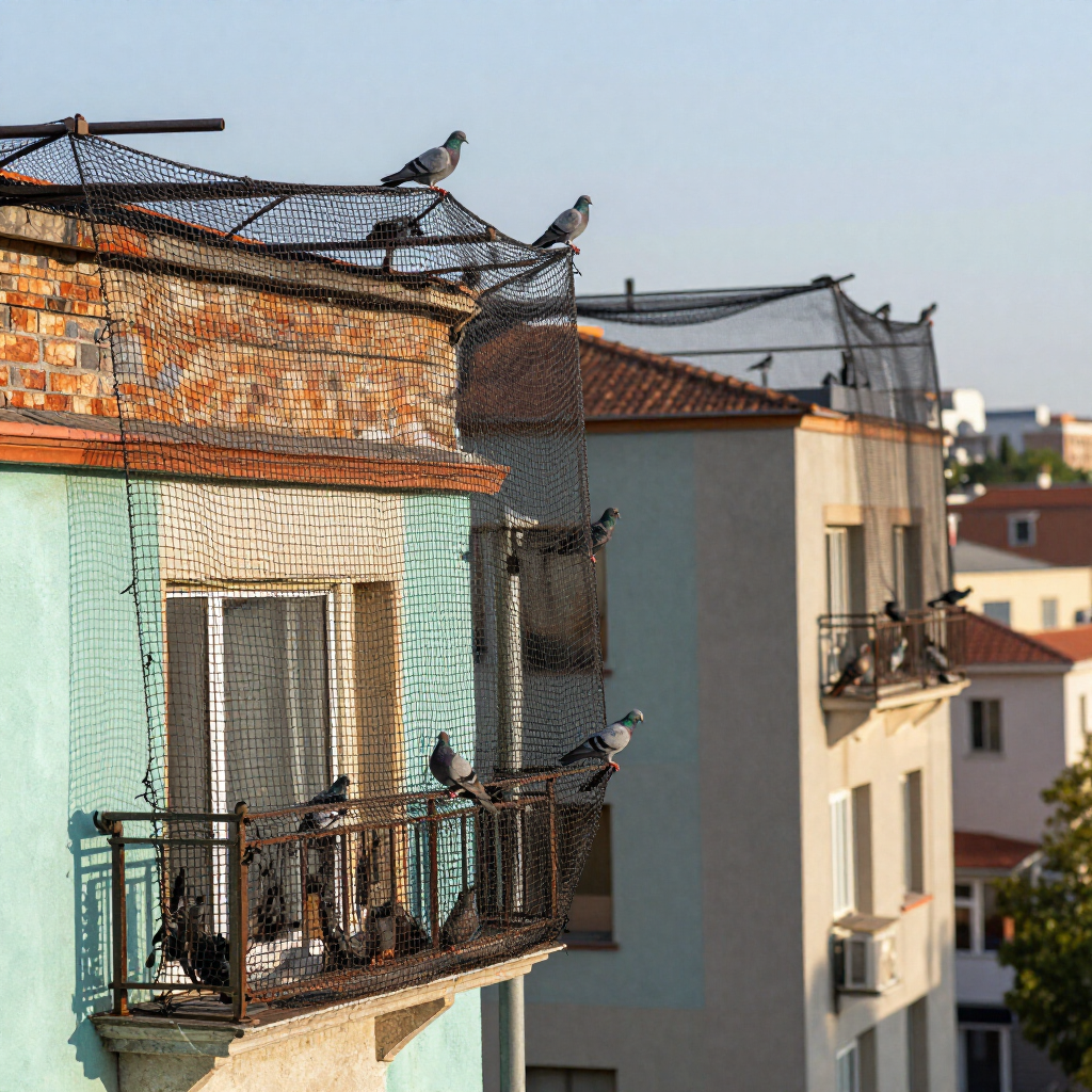 Palomas posadas en balcones de apartamentos con coloridos edificios al fondo.