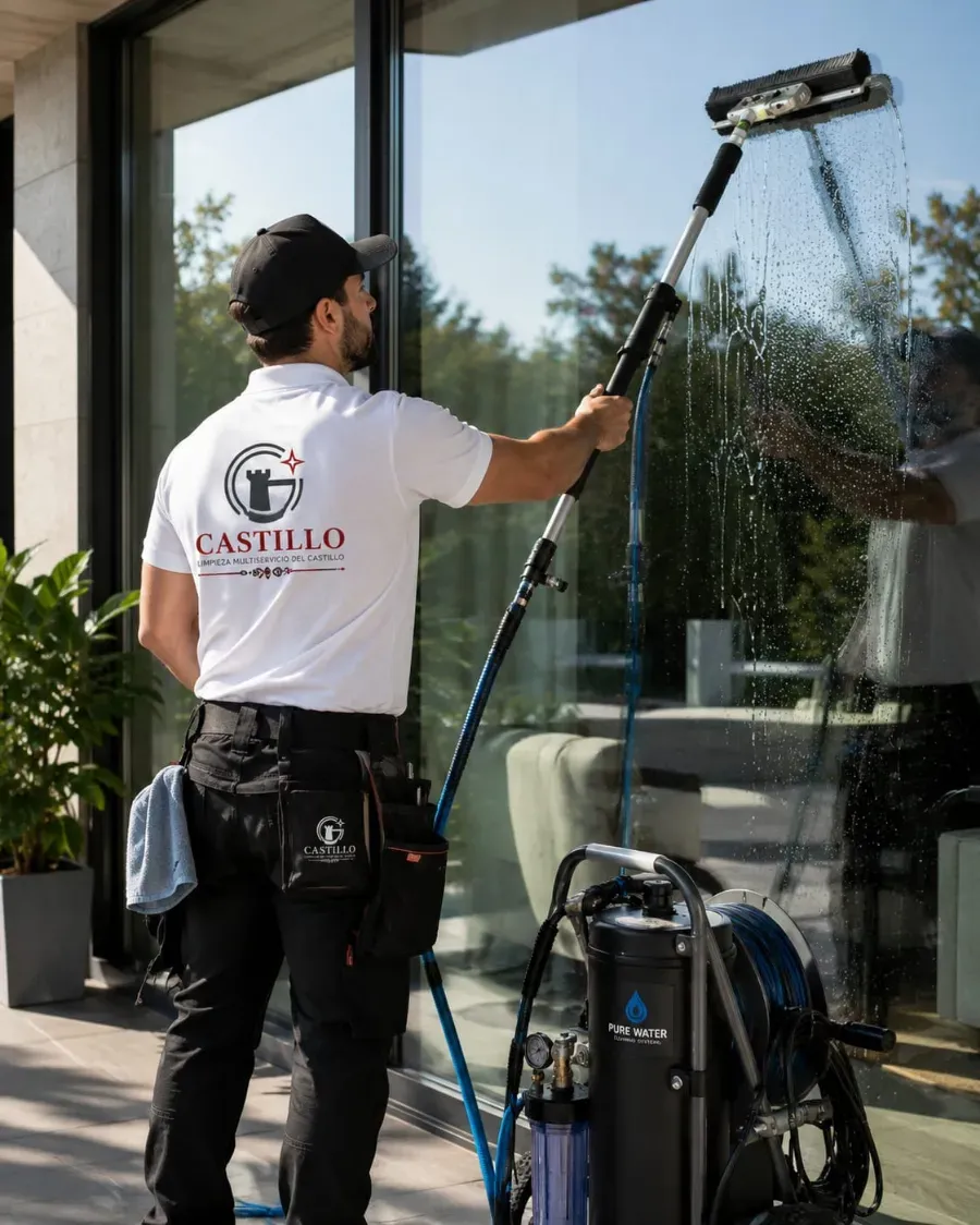 Trabajador limpiando ventanas de cristal con una escobilla de mango largo en el exterior de un edificio.