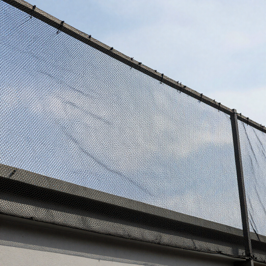 Cielo azul visto a través de una valla de seguridad de malla sobre una estructura de hormigón.