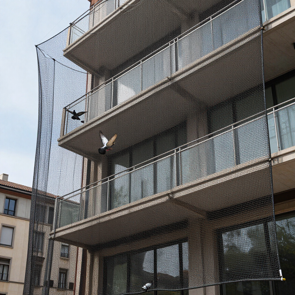 Edificio de apartamentos moderno con redes y varias aves posadas en los balcones.