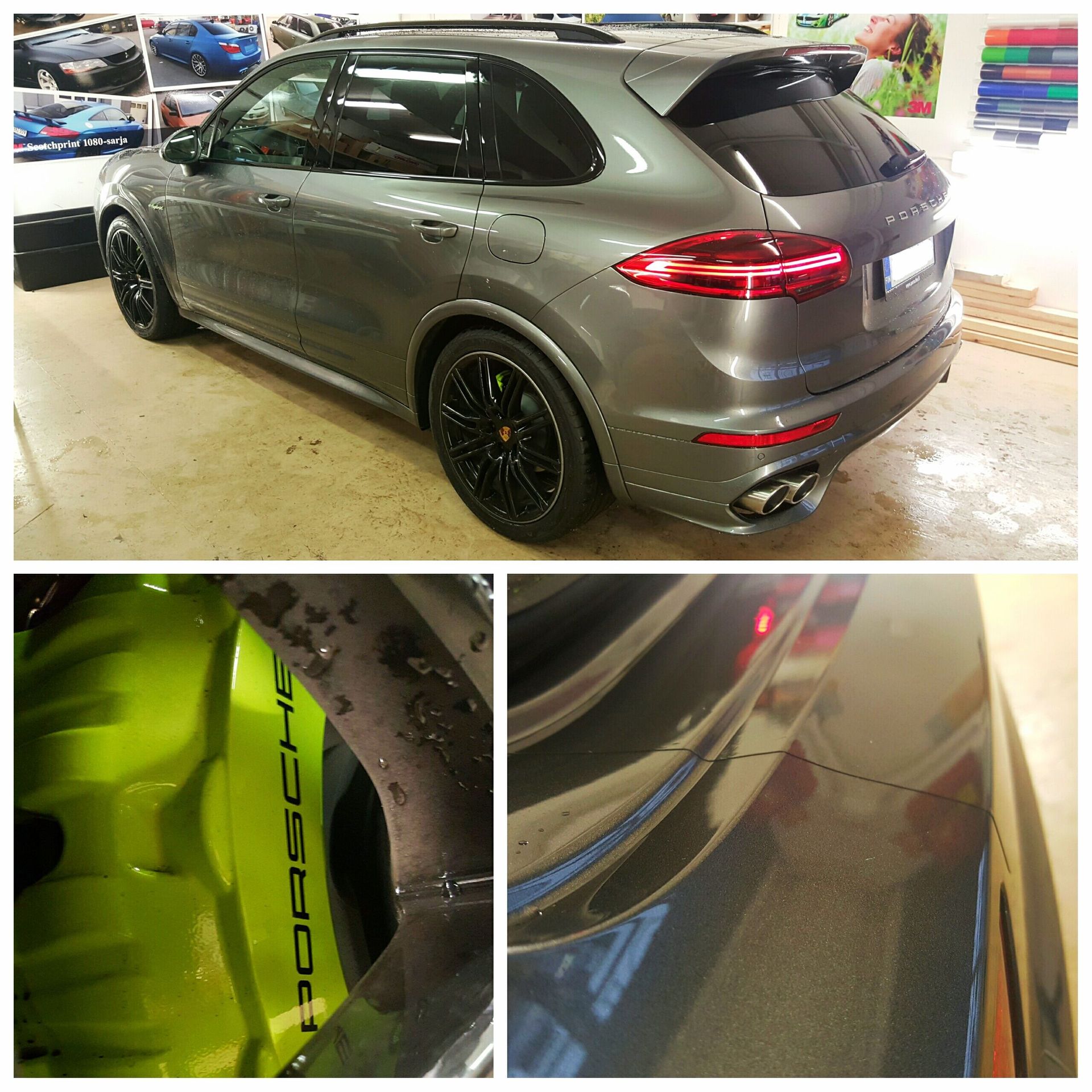 Harmaa Porsche-katumaasturi, jossa on mustat vanteet ja limenvihreät jarrut.