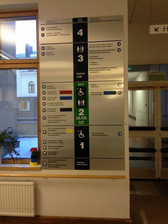 Rakennuksessa oleva opaste, jossa luetellaan kerrokset 1–4 sekä wc:n, hissin ja muiden huoneiden sijainnit.