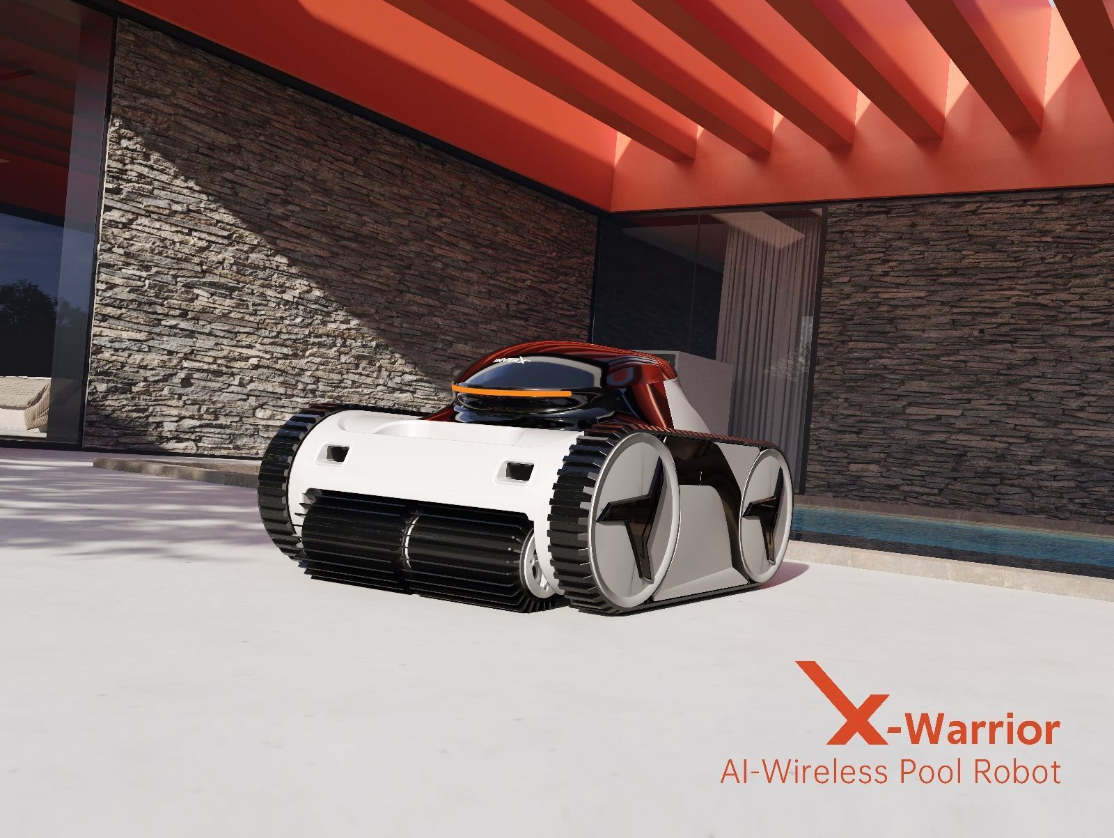 Un prototipo futurista de color blanco aparcado junto a un muro de piedra bajo un voladizo rojo.