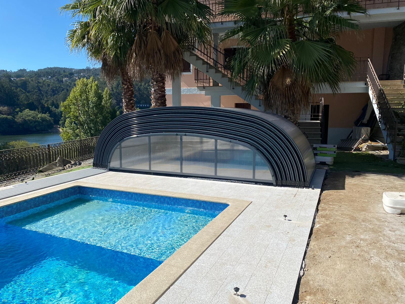 Una gran piscina está rodeada de palmeras y una casa.