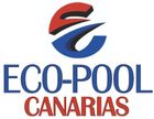 Logotipo de Eco-Pool Canarias en texto azul, rojo y negro y emblema abstracto en forma de swoosh.