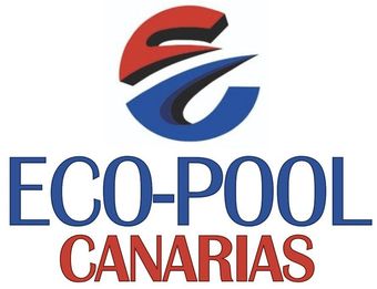 Logotipo de Eco-Pool Canarias en texto azul, rojo y negro y emblema abstracto en forma de swoosh.