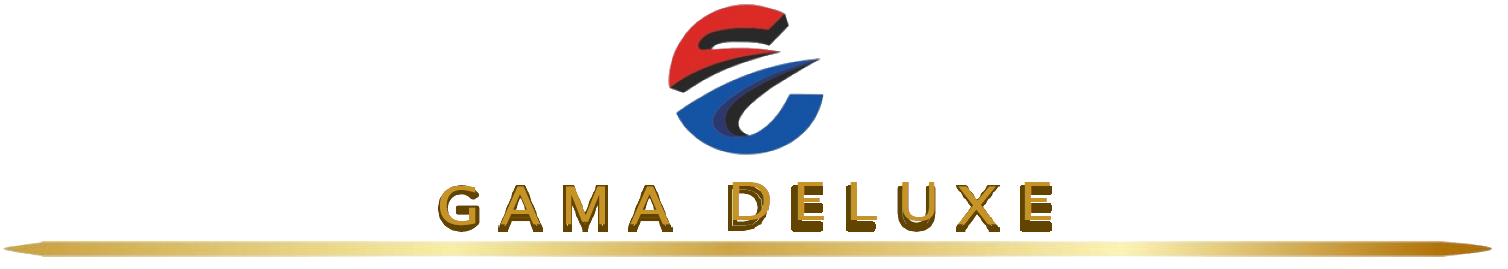 Logotipo de Gama Deluxe con un emblema estilizado en rojo, azul y dorado sobre texto dorado sobre un fondo blanco.
