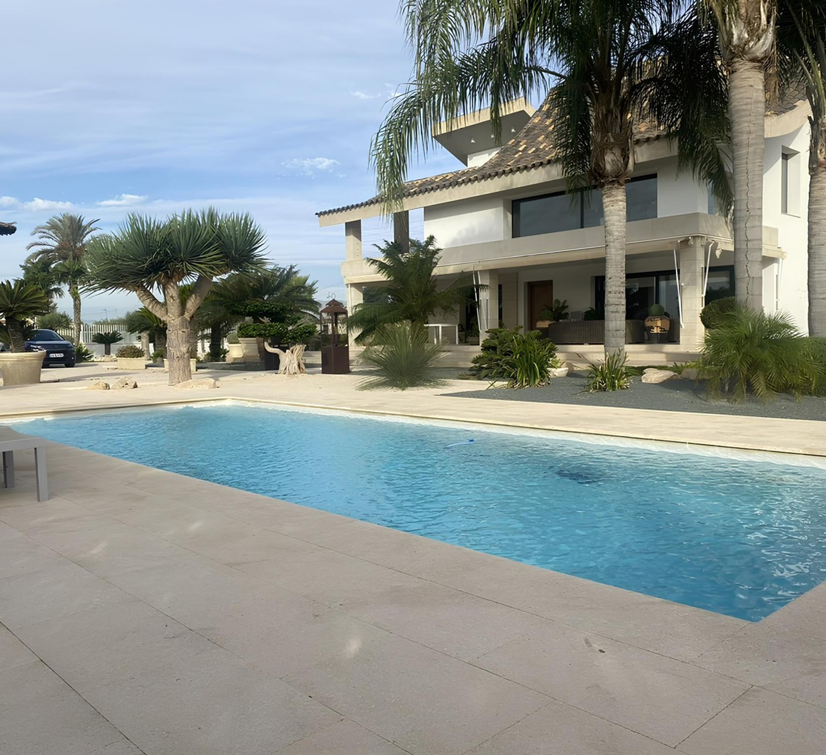 Casa moderna con piscina azul y palmeras en un patio trasero soleado.