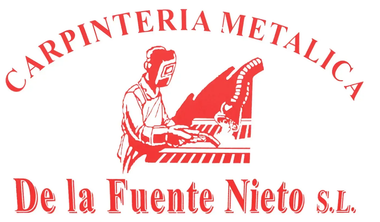 Red metal carpentry logo with worker using a saw and text "Carpinter&iacute;a Met&aacute;lica De la Fuente Nieto S.L."