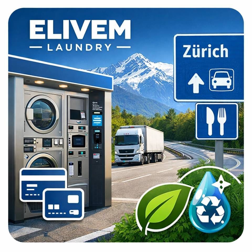 Distributori automatici di lavanderia ELIVEM lungo la strada per Zurigo, con sistema di pagamento, simboli ecologici e sfondo montano.