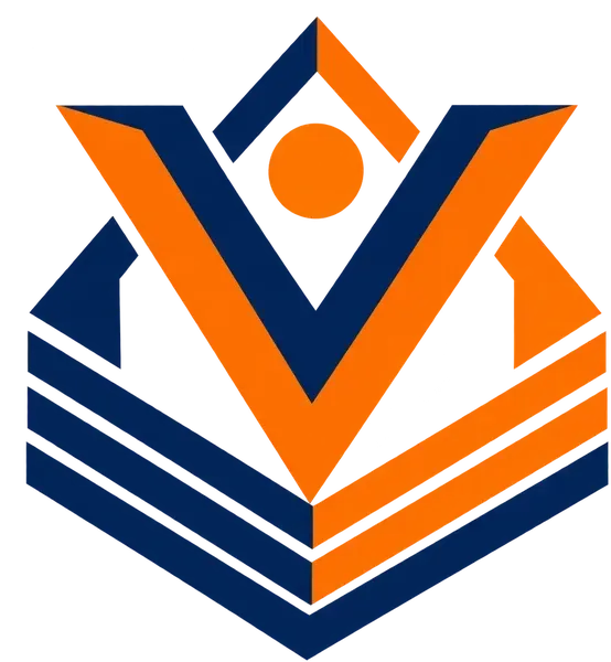 Logotipo geométrico azul y naranja con una persona estilizada y chevrones superpuestos