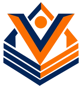 Logotipo geom&eacute;trico azul y naranja con una persona estilizada y chevrones superpuestos